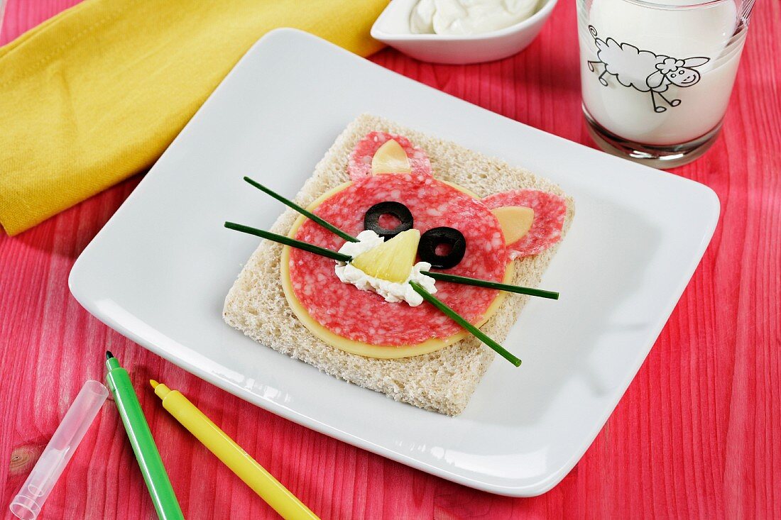 A slice of white bread with a cat's face made of salami and cheese