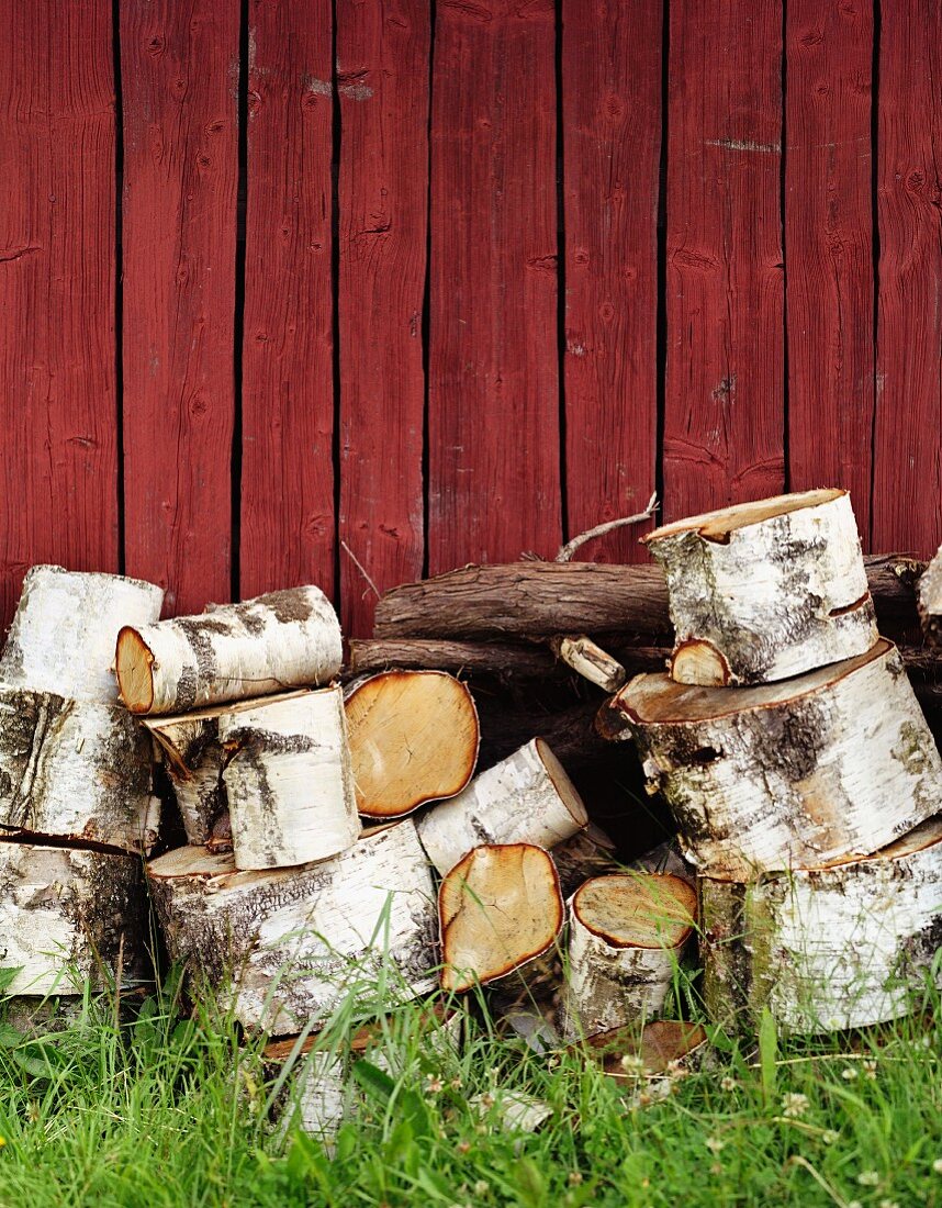 Gestapelte Baumscheiben vor braunem Holzhaus