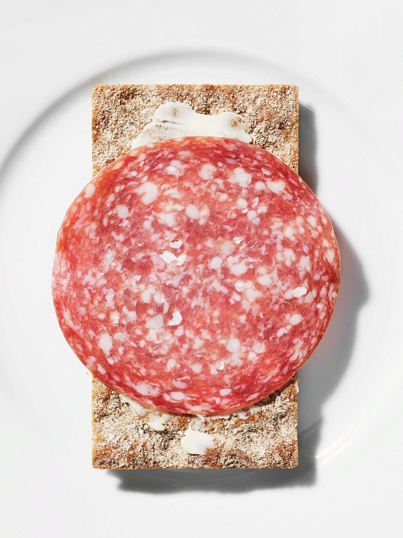 Close up of crispy bread with butter and salami on plate