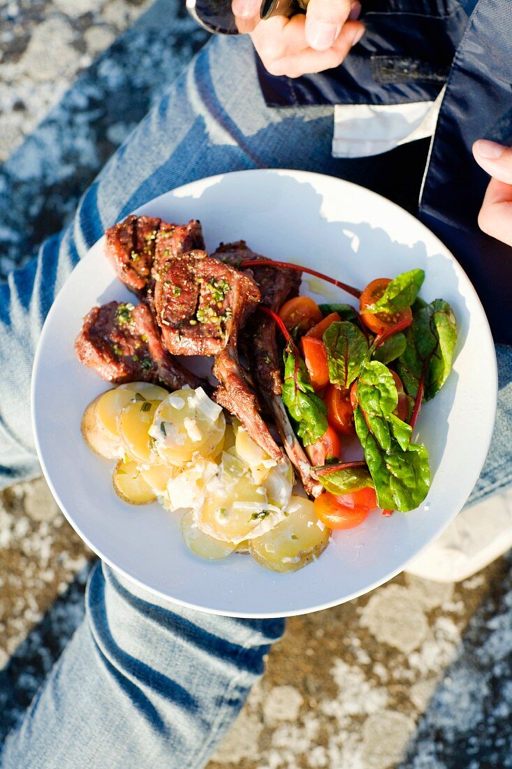 Grilled meat and salad on a plate, Sweden.