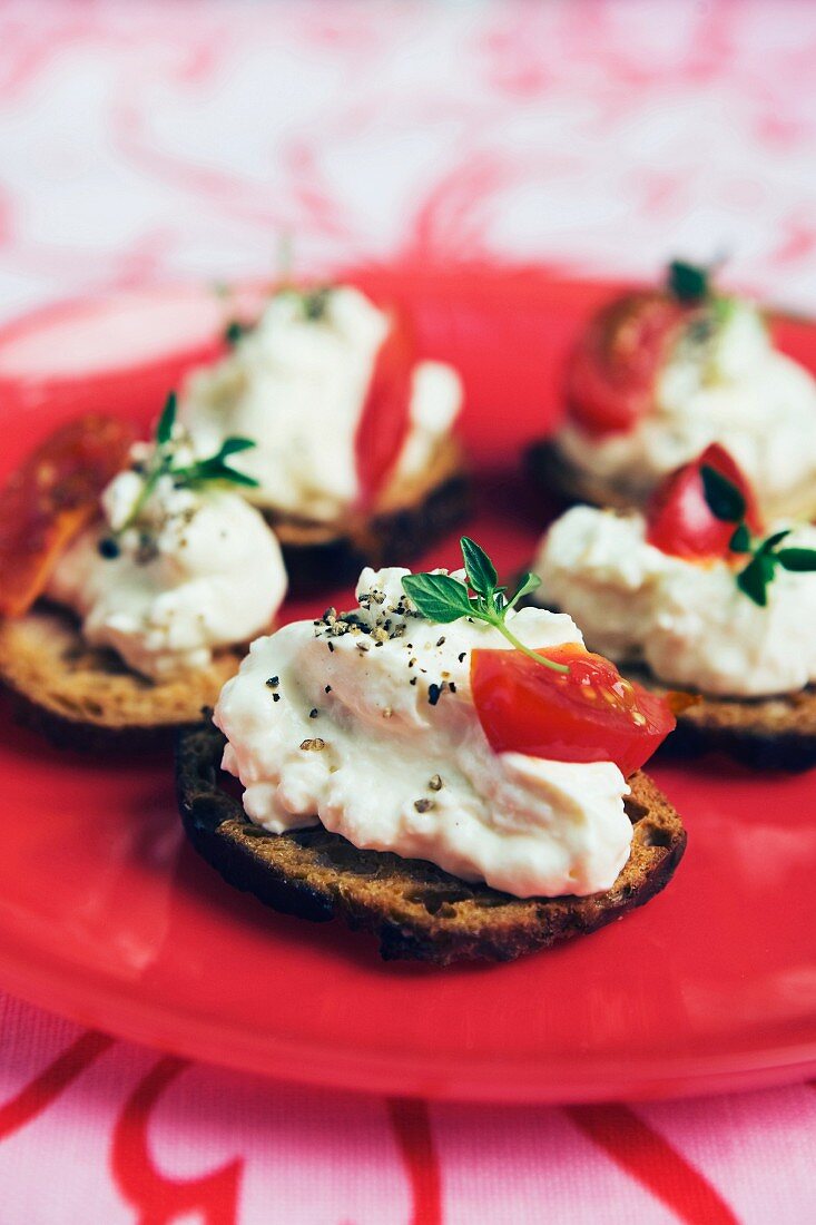Sandwiches with sliced tomato and cream cheese, Sweden.