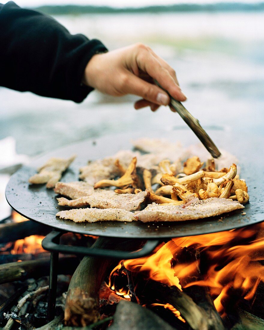 Food cooked over a bonfire.