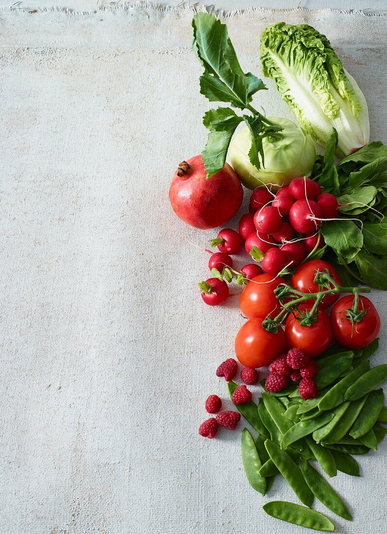 Ingredients for a colourful vegetable salad with fruit