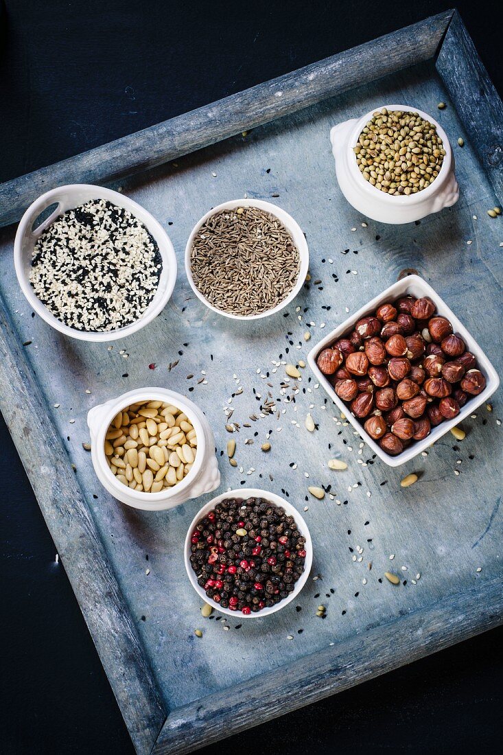 Ingredients for Egyptian dukkah spice mix with nuts