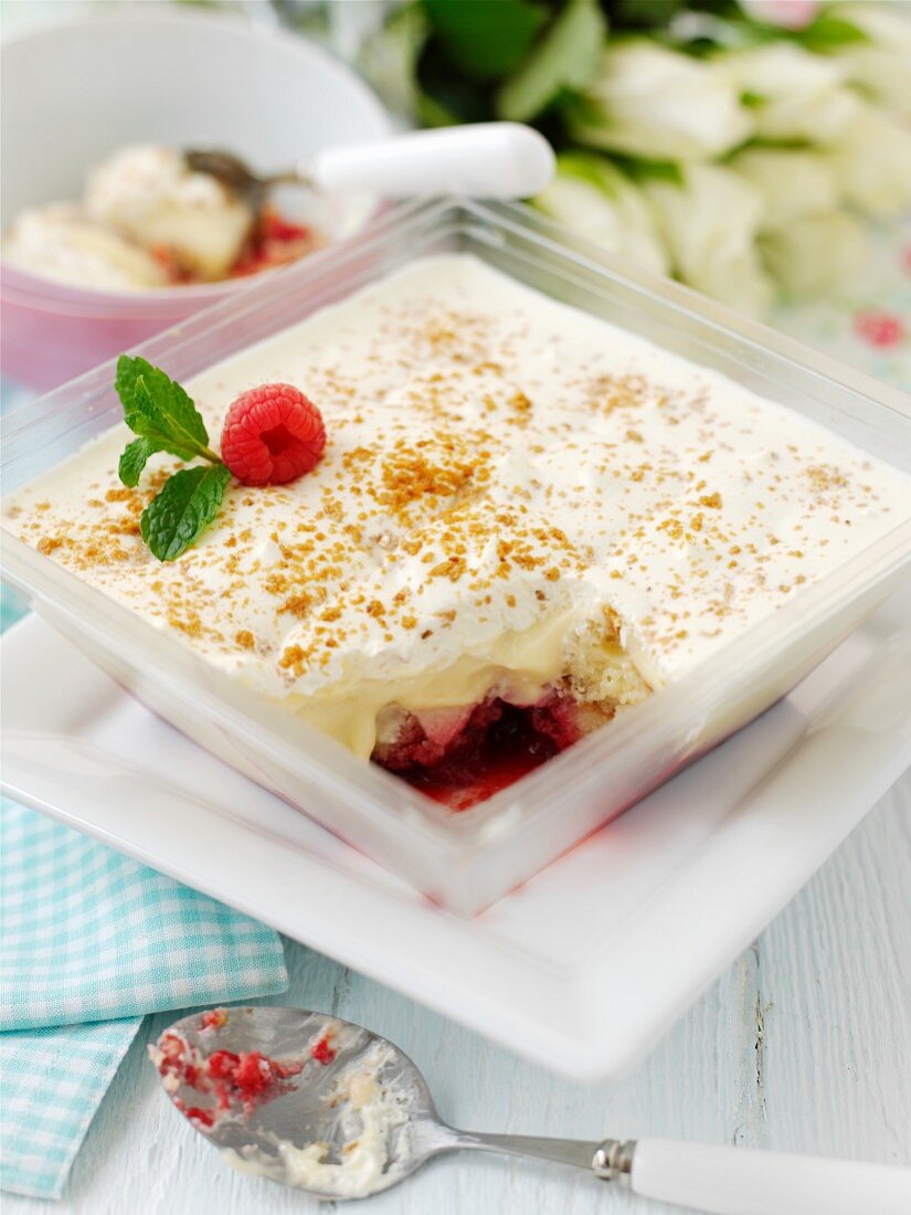 Trifle with raspberries, sherry and mint, one portion served