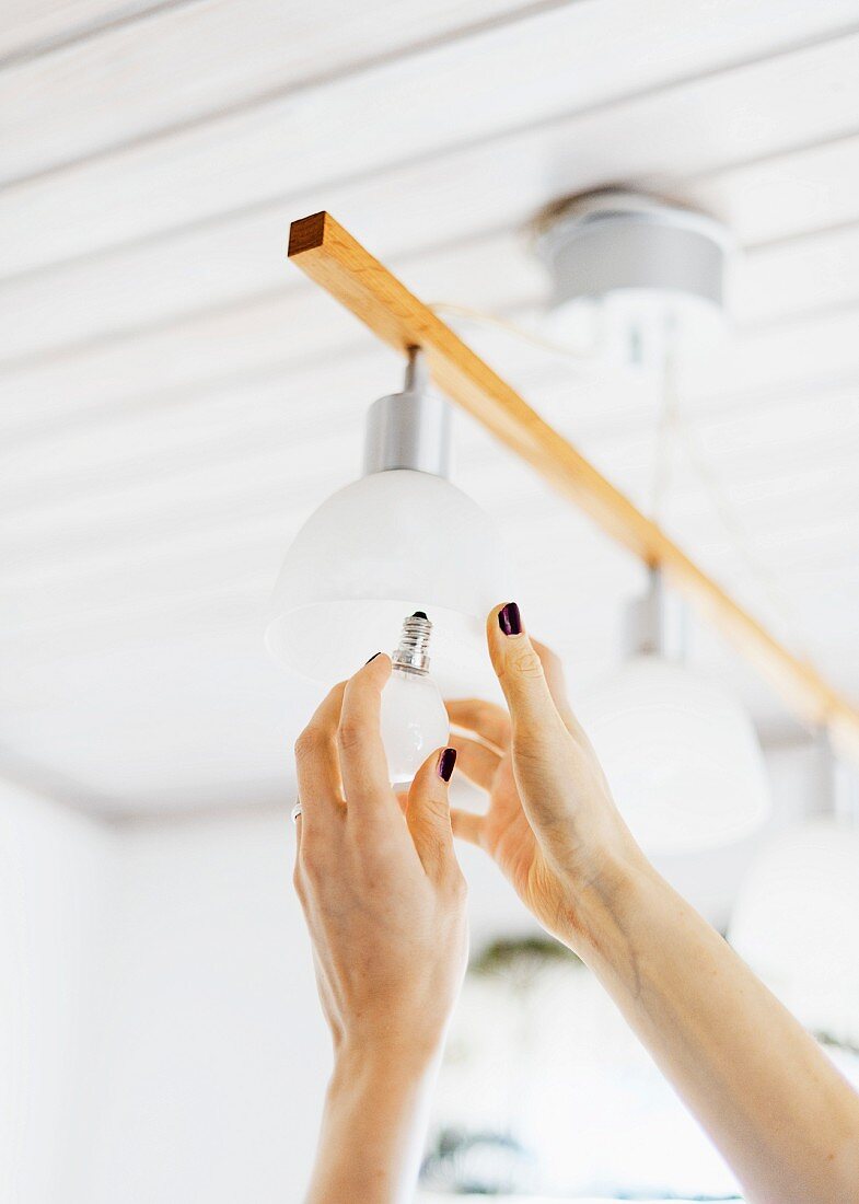 Hands changing light bulb