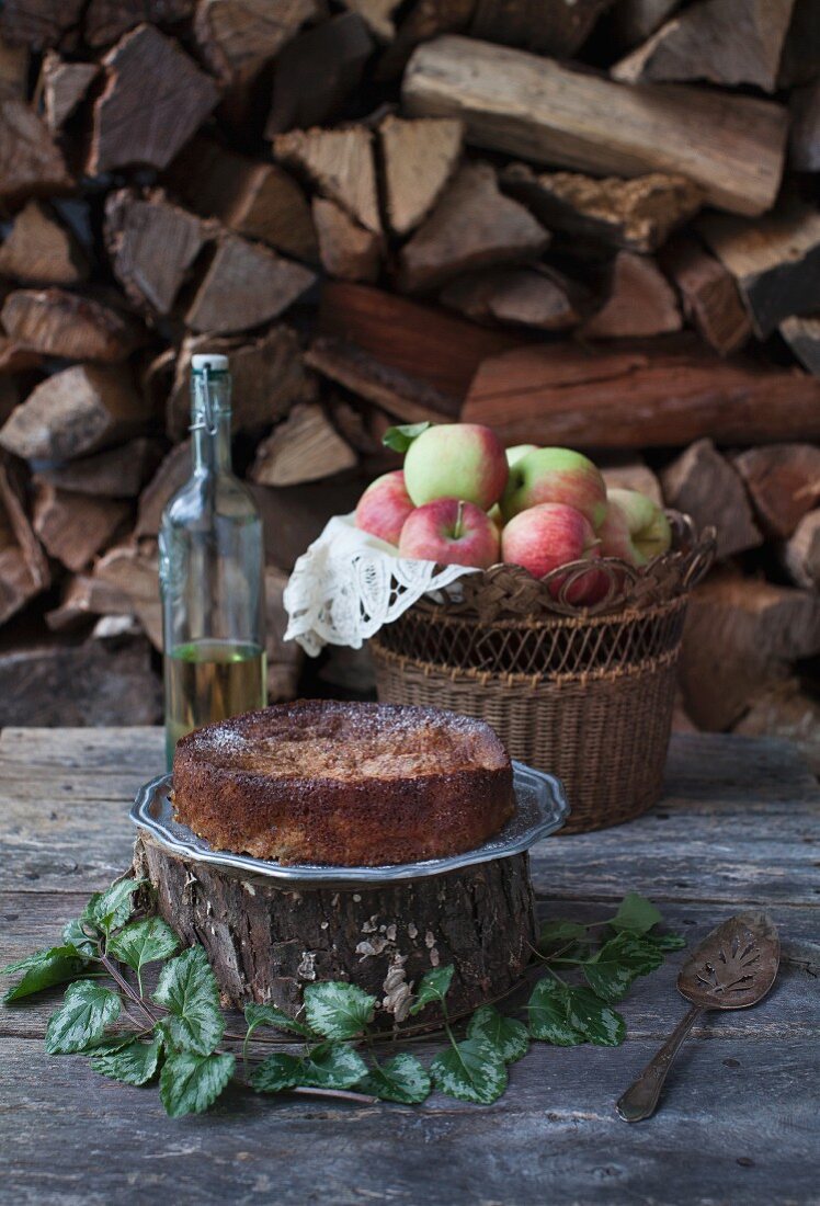 Apple cake with fresh apples in a basket on woodpile background