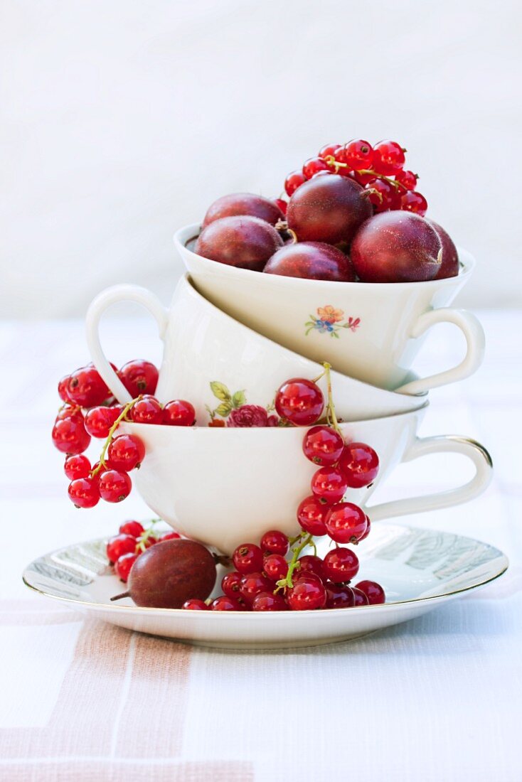 Redcurrants and red gooseberries in a stack of old cups