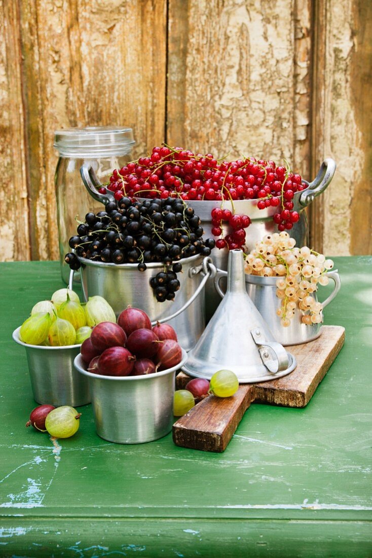 A still life of currants and gooseberries in assorted aluminium containers, with a funnel and a storage jar