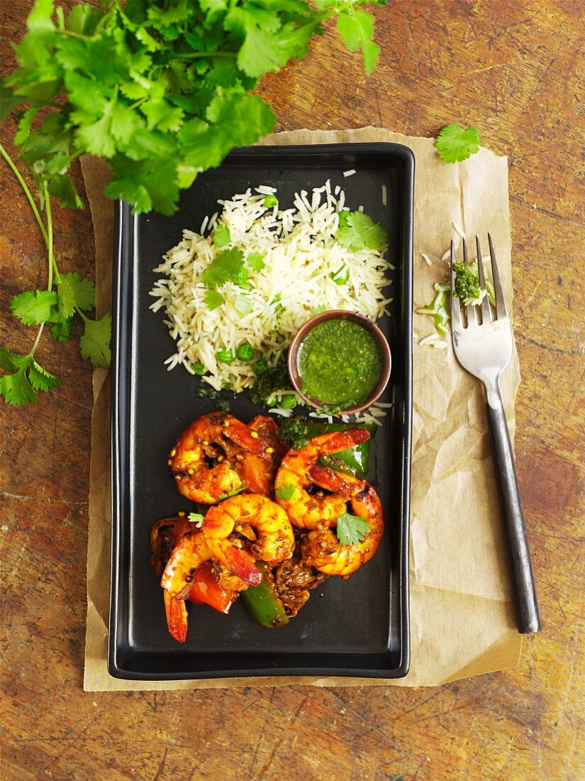 Curried prawns with a mint dip and rice