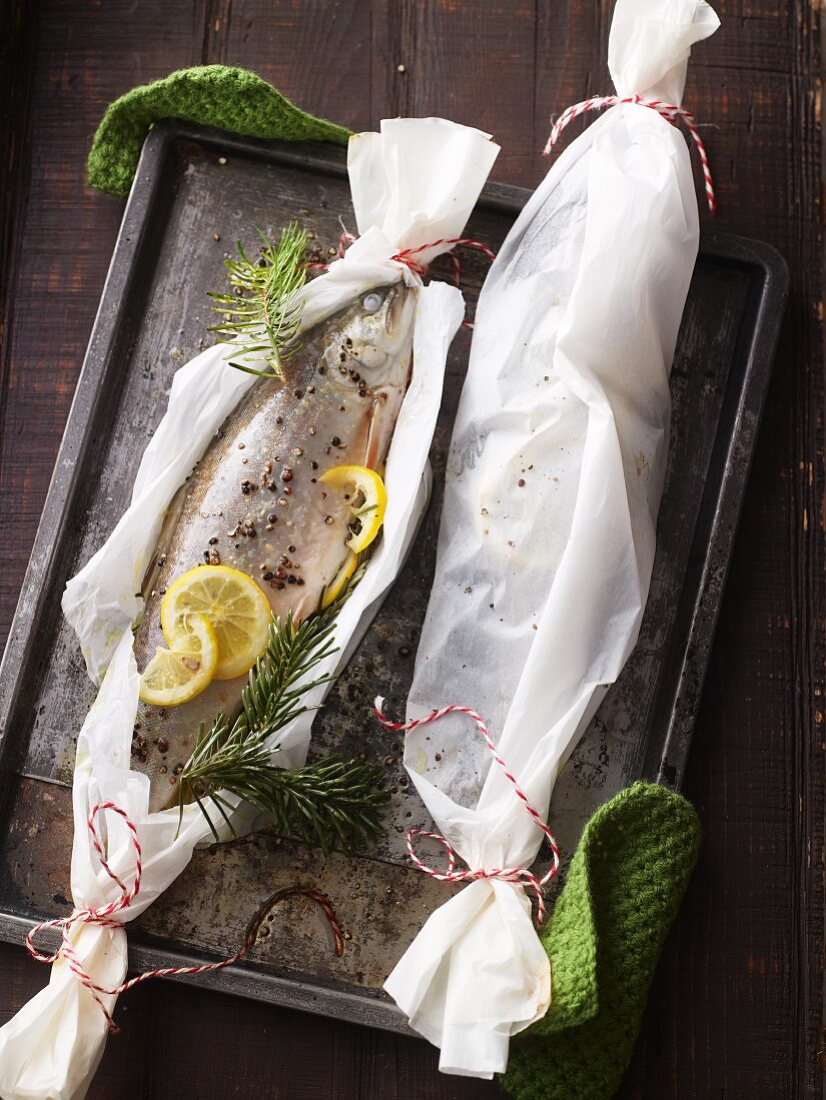 Brook trout with lemons, vegetables and sprigs of fir, wrapped in parchment, on a baking tray