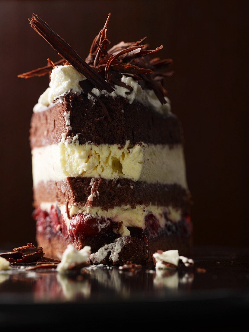 A slice of Black Forest gateau, made with fruit preserved in rum
