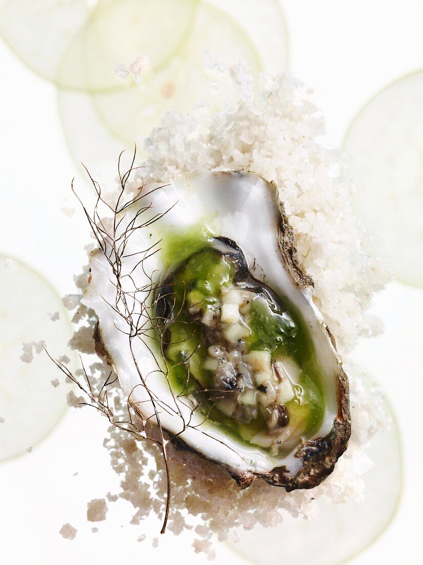 Tartare of Maldon wild oyster with apple, cucumber and dried fennel