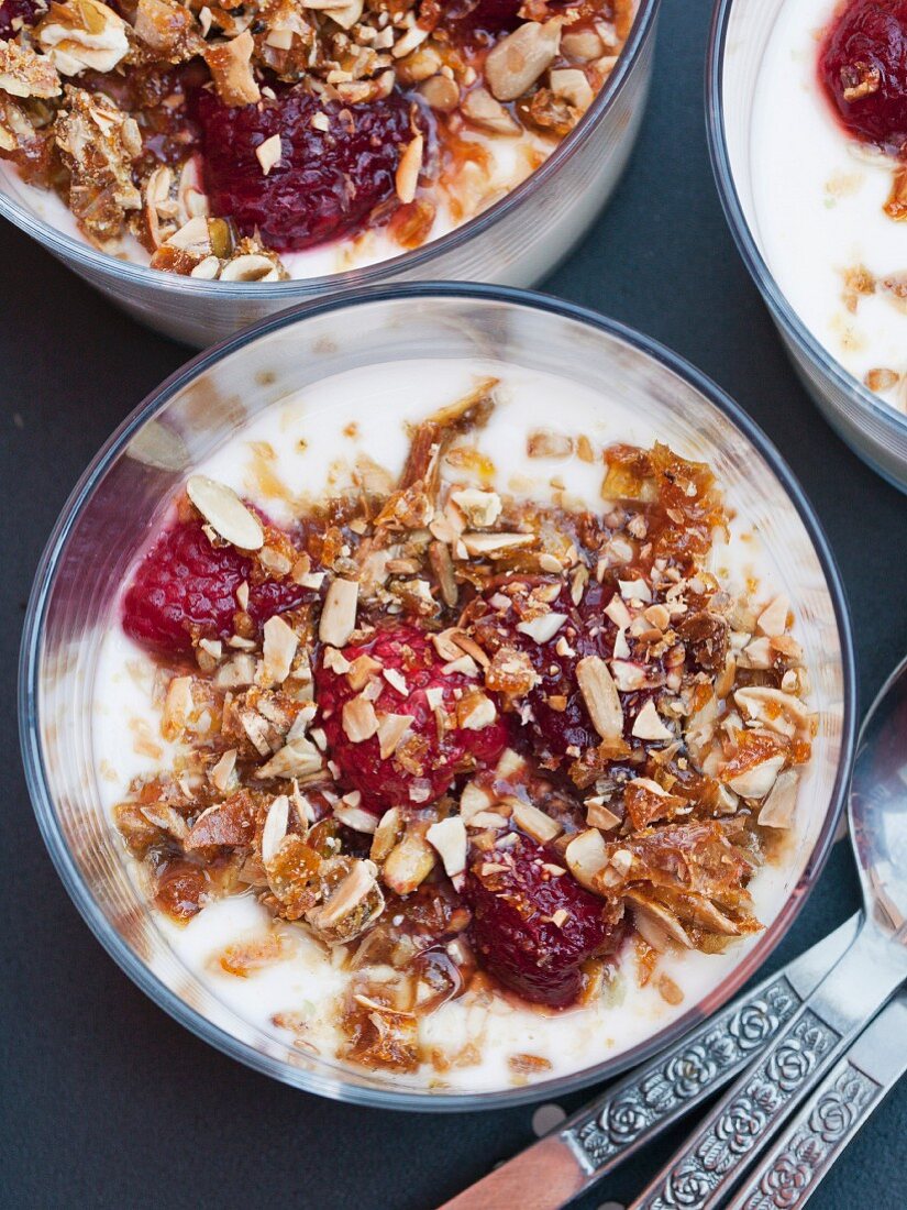 Yoghurt with fruits, close-up