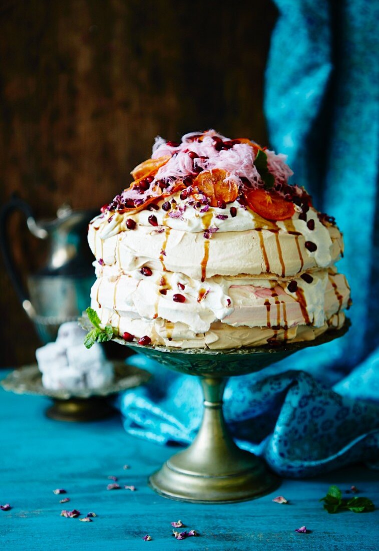 Pavlova with pashmak (Persian sweets)