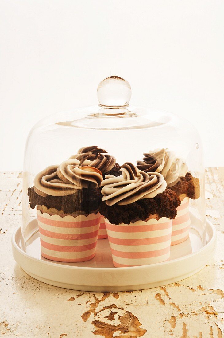 Mini chocolate cakes, made without egg, under a glass cloche