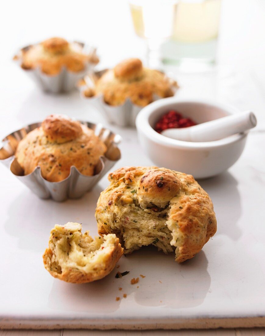 Herb brioches with red peppercorns