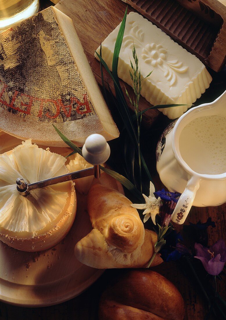 Still life with foods from Switzerland: cheese etc
