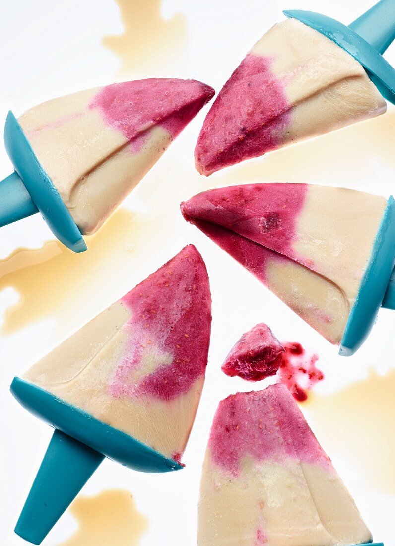 Home-made raspberry macchiato ice lollies