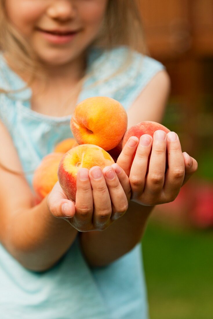 Junges Mädchen hält frische Pfirsiche
