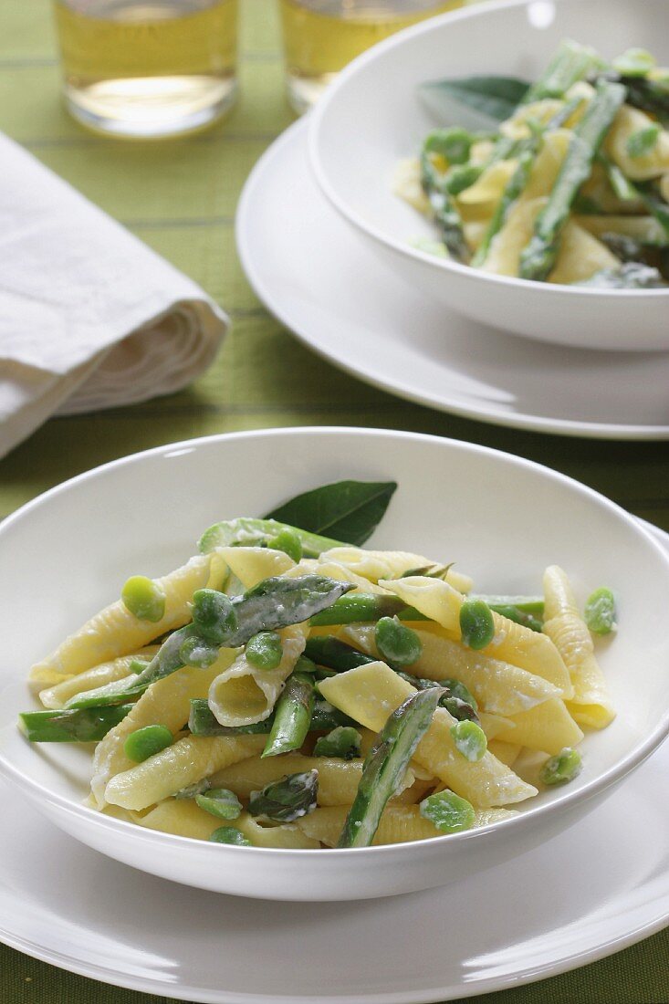 Garganelli pasta with sparrow-grasses, broad beans and Pecorino cheese, Italy