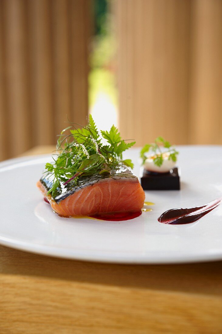 Salmon filled with beetroot jelly and a quail's egg