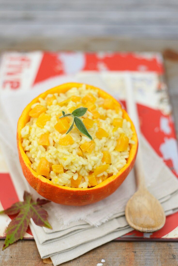 Squash risotto with parmesan, served in a hollowed-out Hokkaido squash