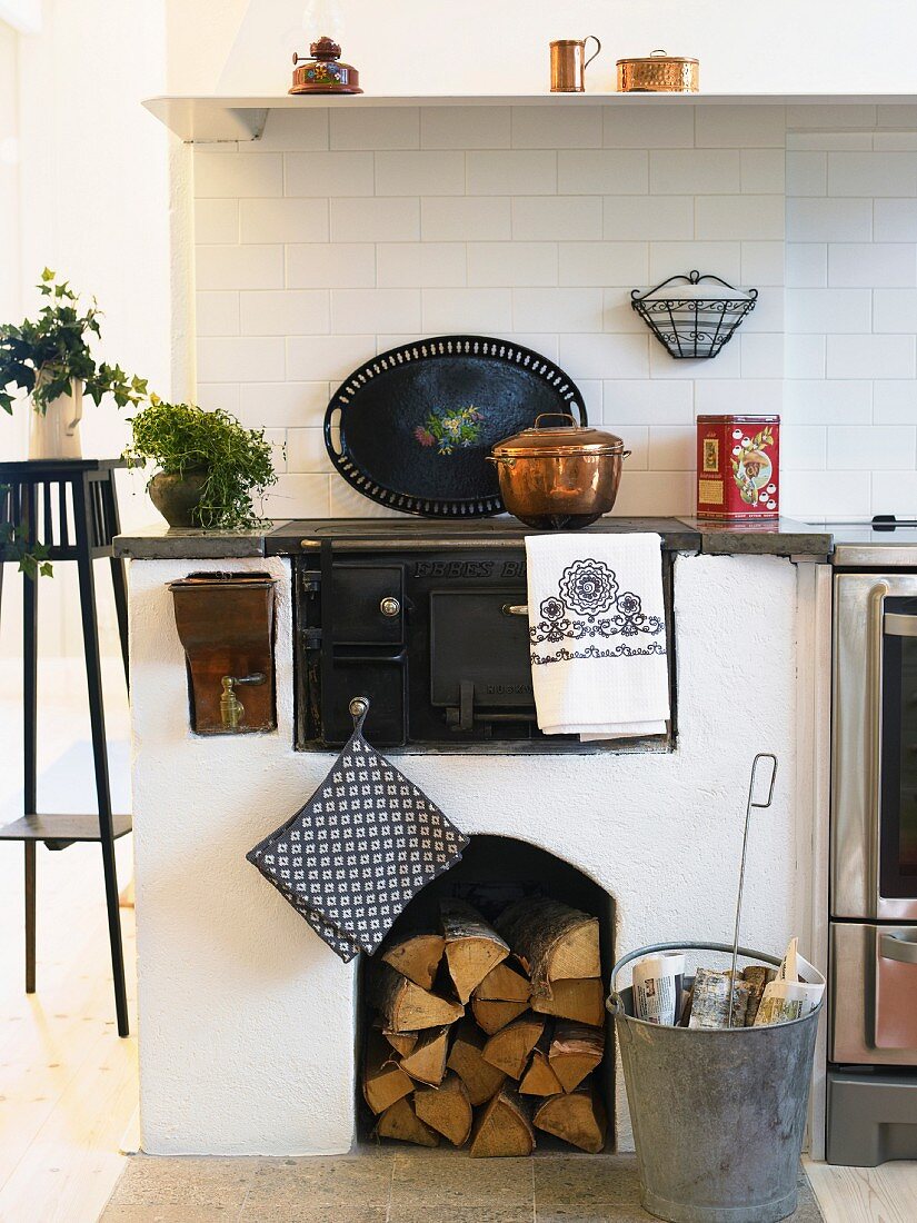 Antique wood-burning range in kitchen