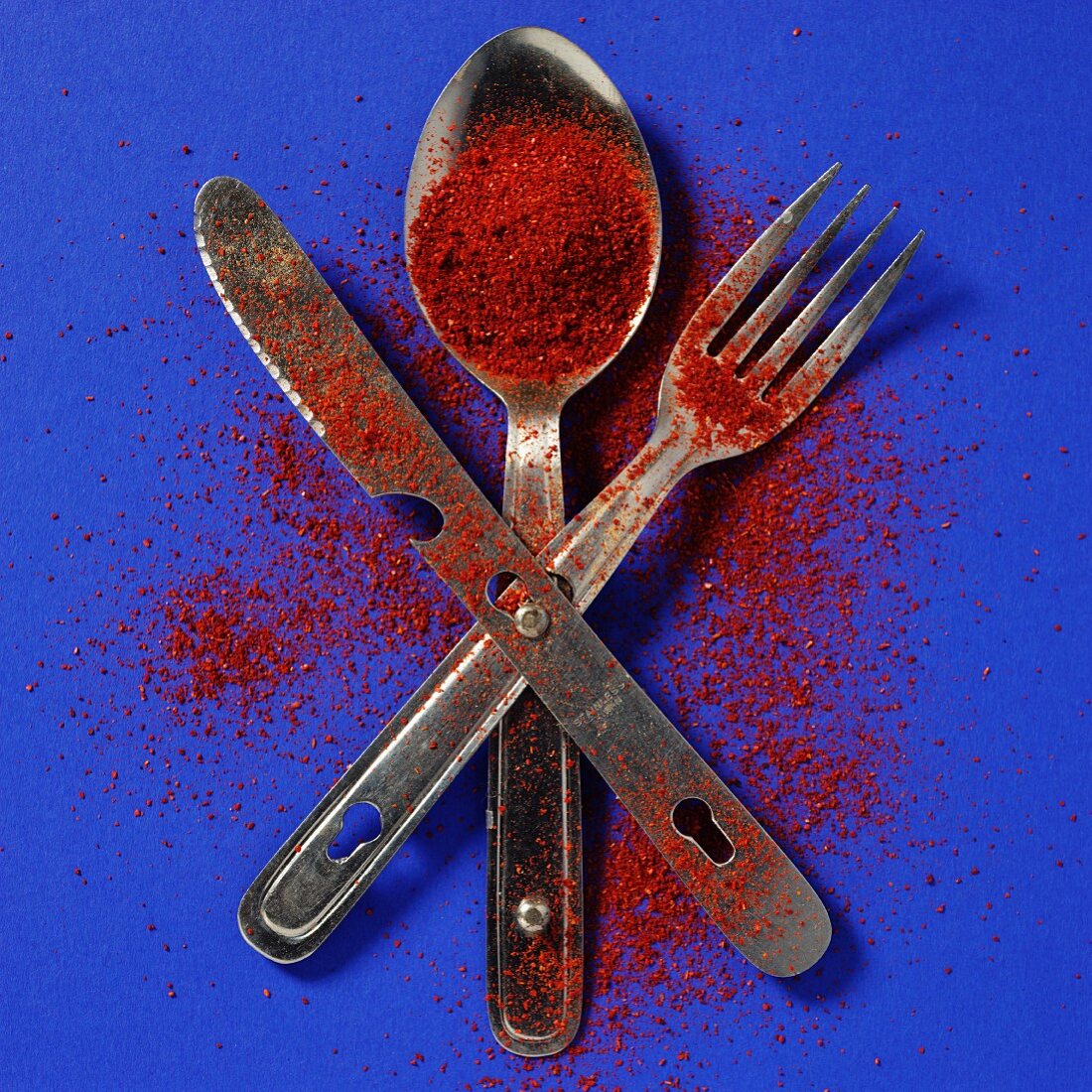 Cutlery dusted with ground paprika against a blue background