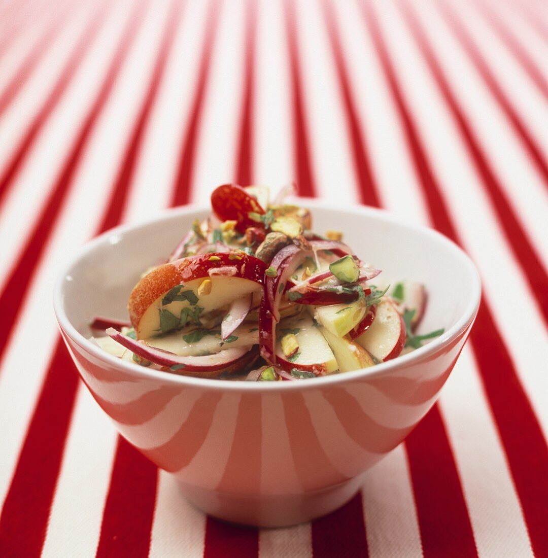 A salad of apples and onions in a bowl on a striped tablecloth