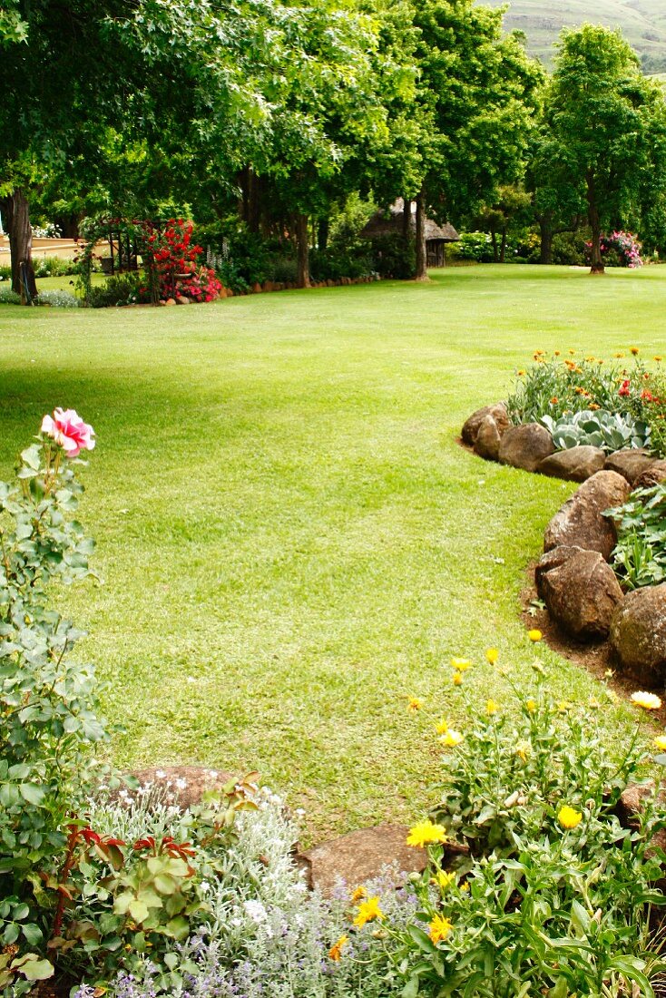 Well-tended lawn framed by flowering borders and green trees