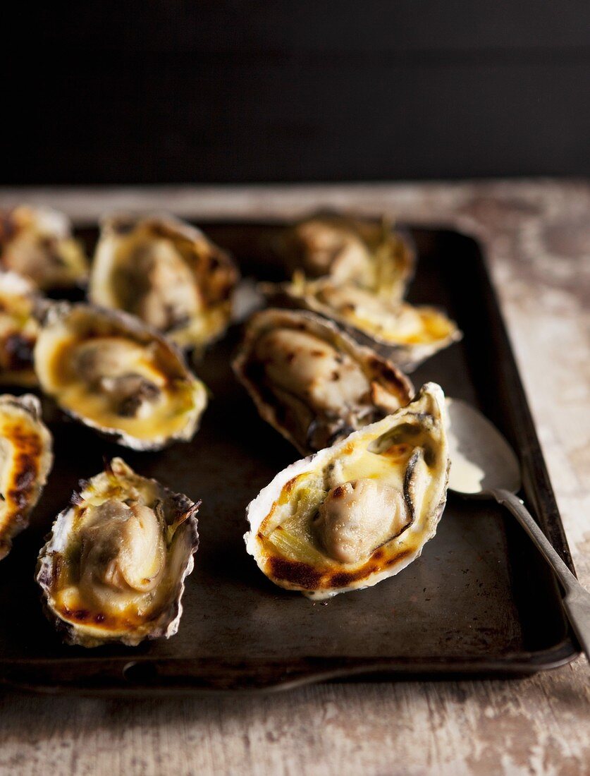 Grilled oysters on a baking tray