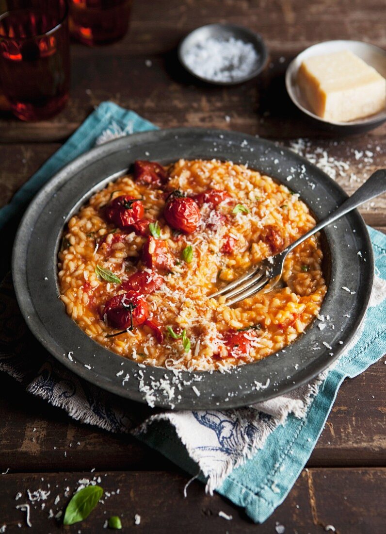 Close up of platter of tomato risotto