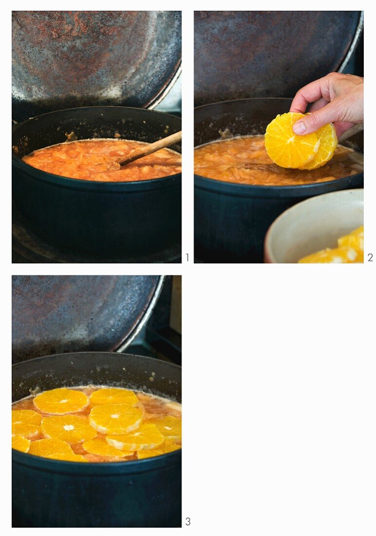 Preparing quince compote with apple and orange