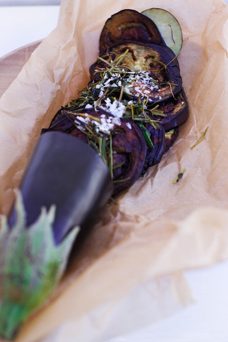 Grilled aubergines with herbs and Maldon sea salt