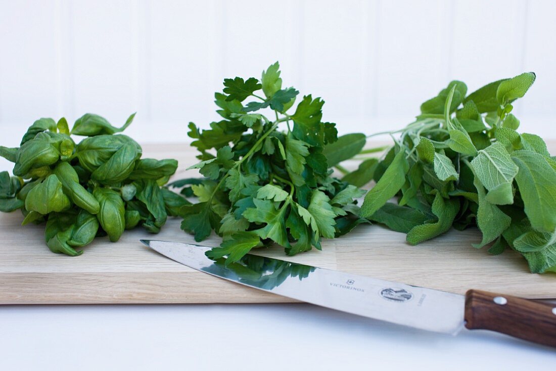 Three bunches of fresh herbs