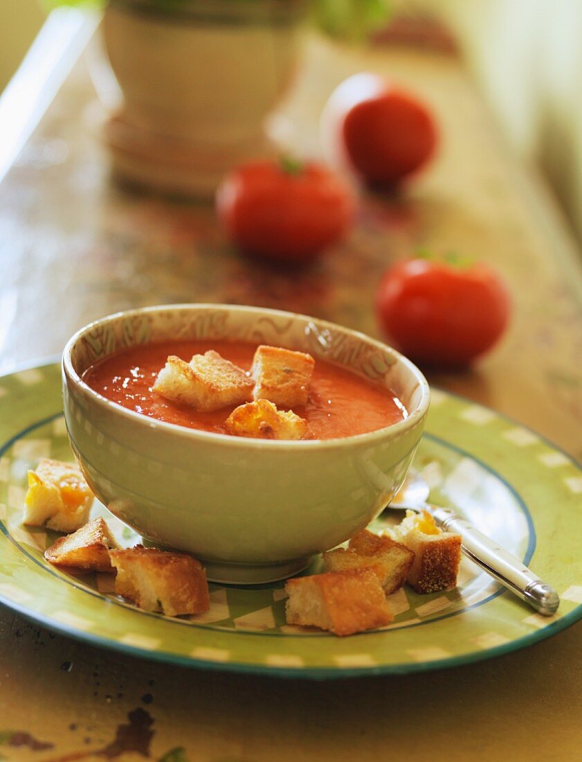 A Bowl of Tomato Soup with Homemade Croutons