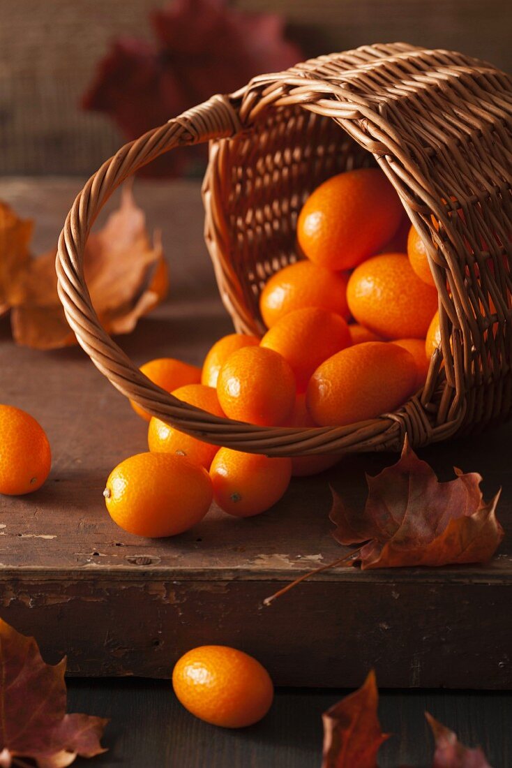A still life featuring kumquats in a basket and autumn leaves