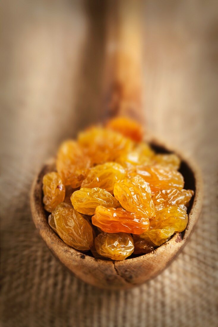 Closeup of golden raisins in an old wooden spoon