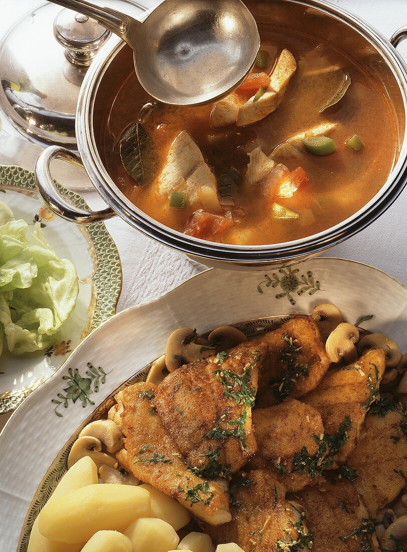 Two Hungarian fish dishes: fish soup & pike-perch fillets