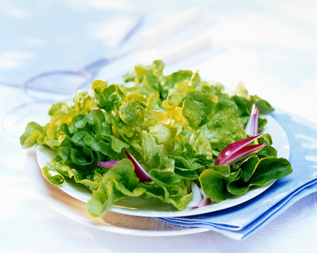 Mixed salad leaves and red onions