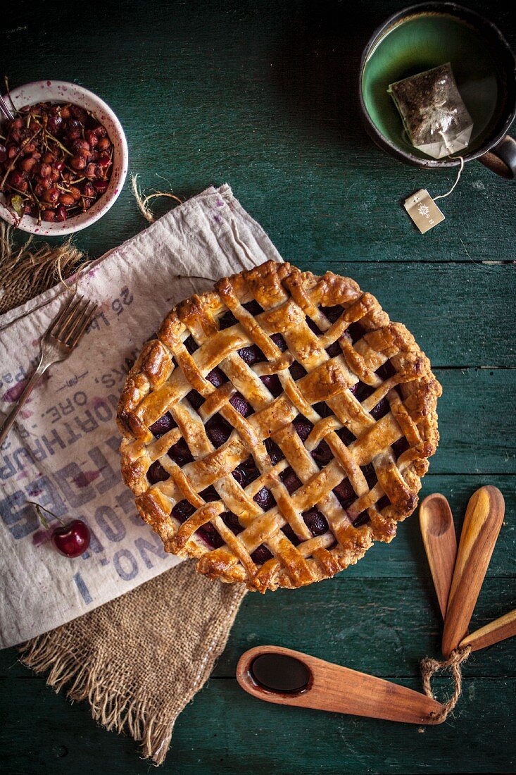 A Balsamic Cherry Pie with lattice top