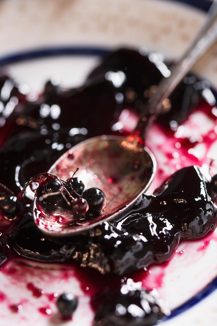 A spoon of elderberry jelly and elderberries on a plate