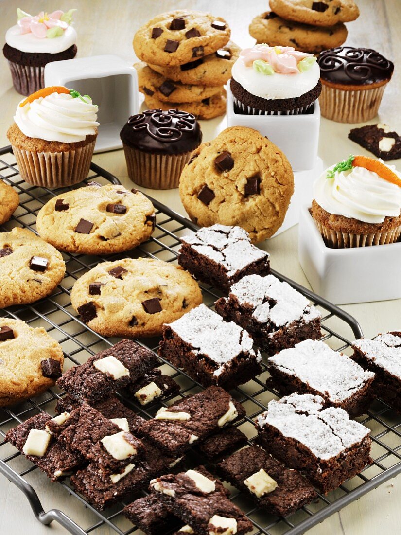 A Display of Chocolate Chunk Cookies, Brownies and Cupcakes