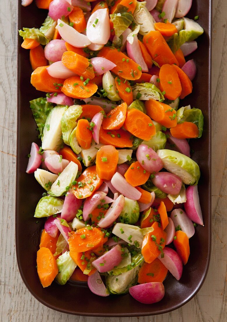 Colorful Buttered Vegetables in an Oblong Serving Dish