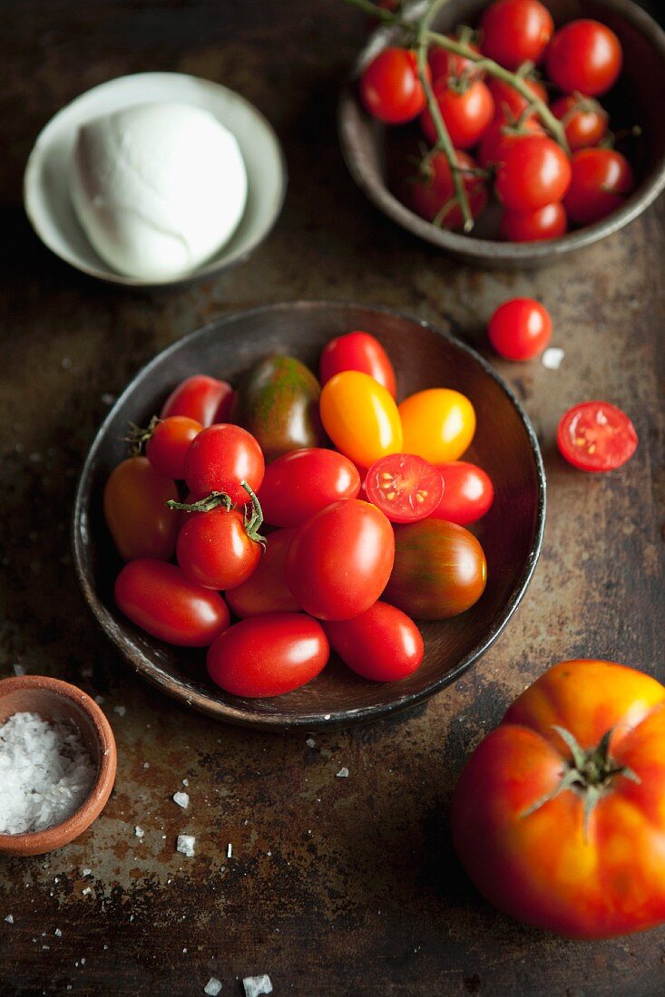 Verschiedene Tomaten, Mozzarella und Salz