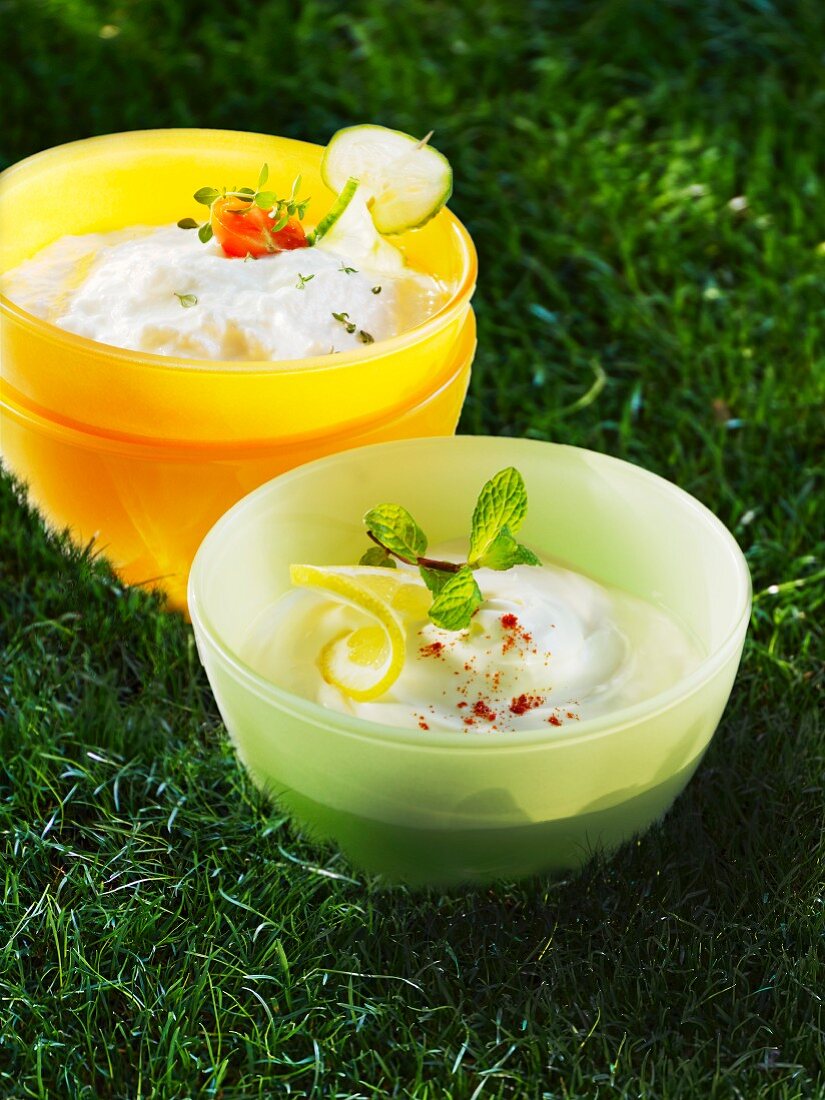 Cream cheese in bowls in a field