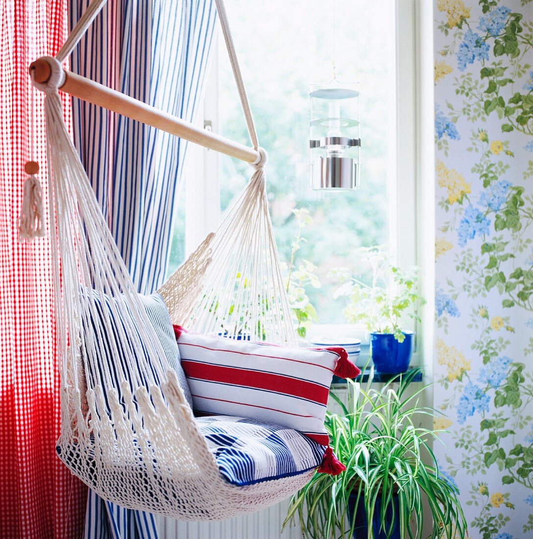 Hammock chair in front of window