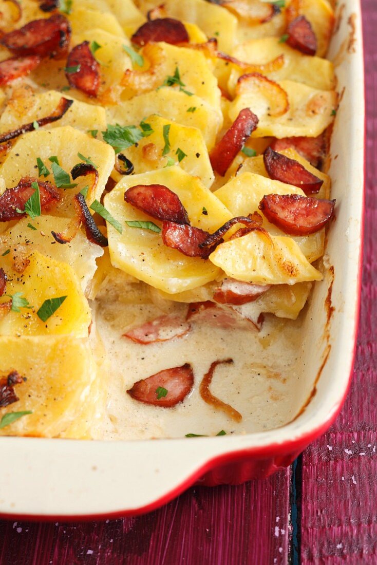 Potato bake with sausage and onions