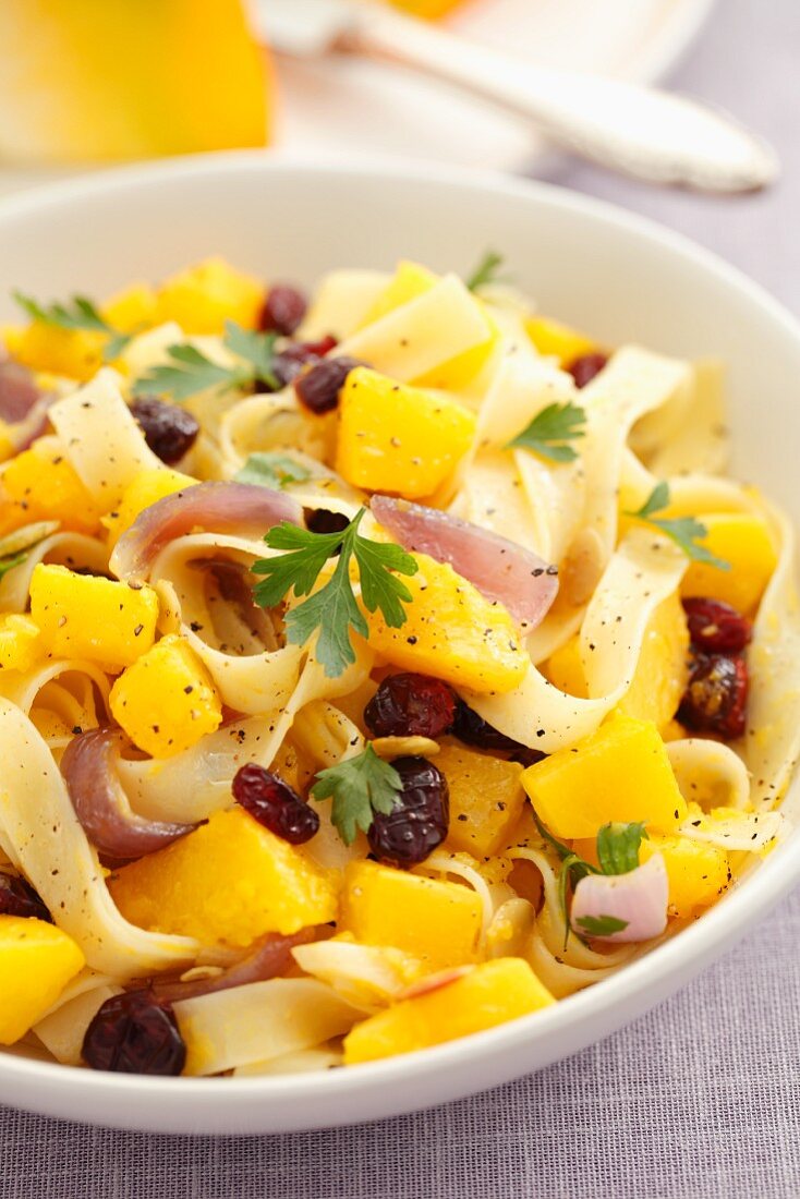 Ribbon pasta with squash, red onions, dried cranberries and pumpkin seeds